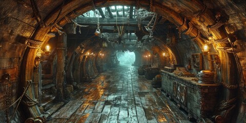 Obraz premium Inside the Pirate's Lair: Explore the intricate structure within a pirate ship, from the wooden deck to the hidden treasure chamber, Generative AI