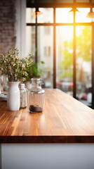 Wooden home table bokeh background, empty wood desk cafe tabletop surface product display mockup with blurry living room or city abstract backdrop advertising presentation. Mock up, copy space.