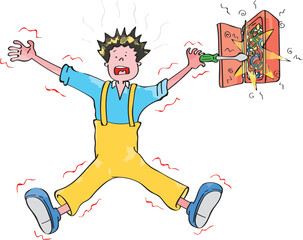 The electrician repairing the electrical panel is struck. Electric shock.