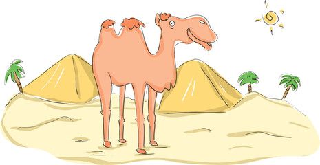 Cute camel cartoon posing in front of pyramids.