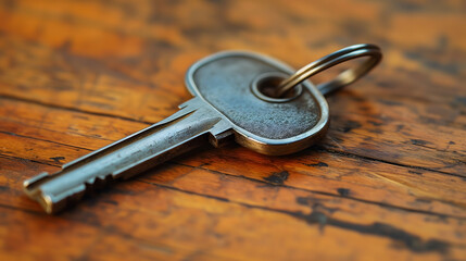 Single Old Key with Large Ring on Wooden Surface