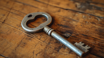 Antique Silver Key on Old Wooden Table Surface