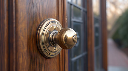 Antique Brass Door Knob on Polished Wooden Door Exterior