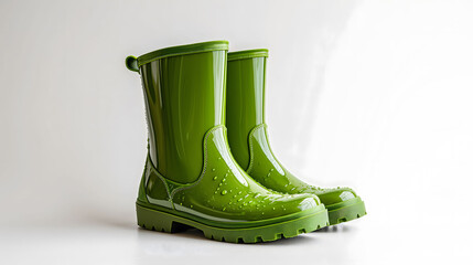 Green Rubber Boots with Water Drops on White Background