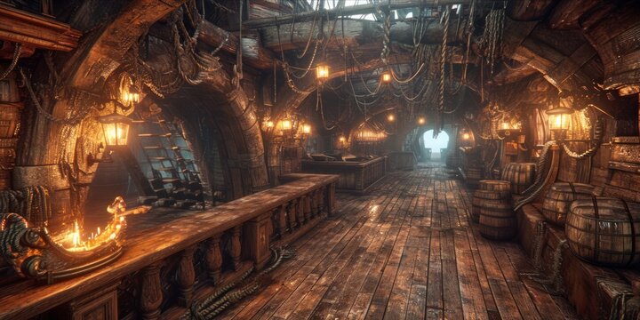 Inside the Pirate's Lair: Explore the intricate structure within a pirate ship, from the wooden deck to the hidden treasure chamber, Generative AI