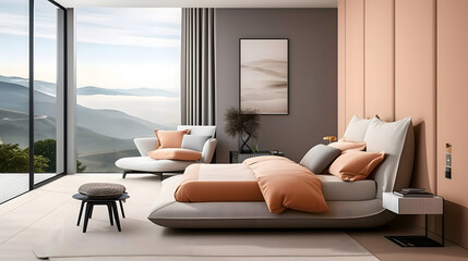 A modern bedroom designed in soft peach fuzz tones, equipped with a large window with a view. Minimalistic home interior
