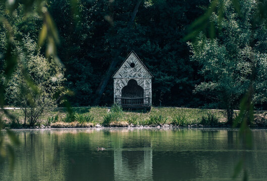 Picturesque wooden hut on lakeside at Maksimir park in Zagreb, Croatia