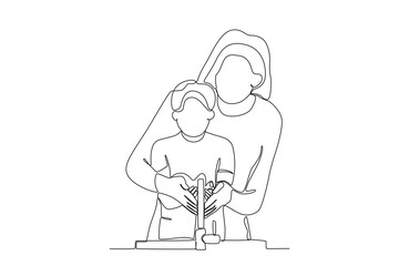 One single line drawing of Mother teaches child to wash hands,parenting vector illustration. Happy family playing together concept. Modern continuous line draw design
