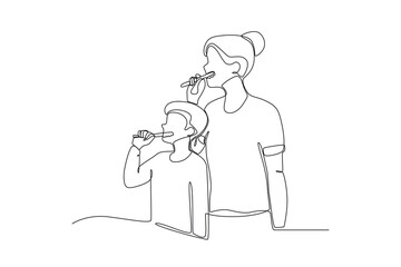 One single line drawing of Mother teaching child to brush teeth,parenting vector illustration. Happy family playing together concept. Modern continuous line draw design
