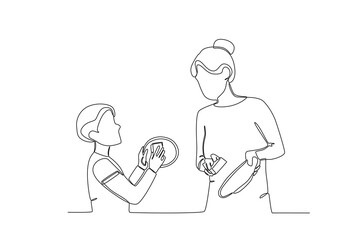 One single line drawing of Mother teaching children to wash dishes,parenting vector illustration. Happy family playing together concept. Modern continuous line draw design 