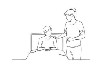 One single line drawing of Mother who is caring for a sick child,parenting vector illustration. Happy family playing together concept. Modern continuous line draw design
