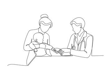 One single line drawing of Mother who took her child to see a doctor,parenting vector illustration. Happy family playing together concept. Modern continuous line draw design
