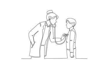 One single line drawing of Mother who took her child to see a doctor,parenting vector illustration. Happy family playing together concept. Modern continuous line draw design
