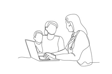 One single line drawing of Mother who took her child to see a doctor,parenting vector illustration. Happy family playing together concept. Modern continuous line draw design
