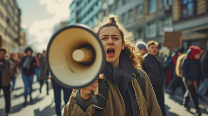 An activist woman protests with a megaphone during a strike with a group of demonstrators in the background - obrazy, fototapety, plakaty