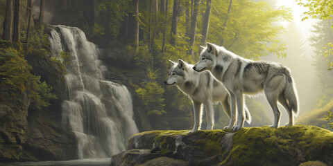 Dois lobos cinzentos visitando uma cachoeira na floresta