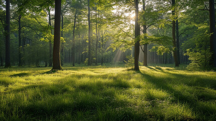 Obraz premium A captivating image capturing the delicate transition between a dense forest and an open meadow at the forest edge, with dappled sunlight filtering through the tree canopy, creatin