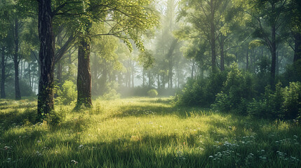 A captivating image capturing the delicate transition between a dense forest and an open meadow at the forest edge, with dappled sunlight filtering through the tree canopy, creatin