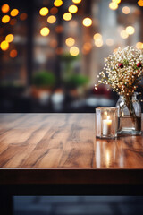 Wooden kitchen home table bokeh background, empty wood desk tabletop food counter surface product display mockup with blurry cafe abstract backdrop advertising presentation. Mock up, copy space.