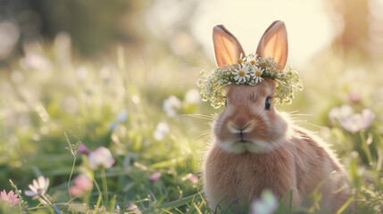 Fototapeta na wymiar Easter bunny with a meadow flower crown, featuring a rabbit adorned with a flower headband and painted eggs on a blue background. Easter holiday concept with a hare and flower banner with copy space.