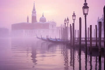 A serene, misty scene in Venice with gondolas, calm waters, and an architectural structure in soft purple hues, ai generative - Powered by Adobe