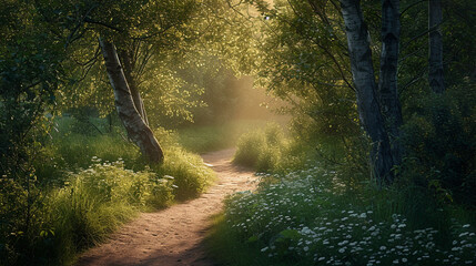 Obraz premium A picturesque image of a winding trail at the forest edge, leading into the heart of the woodland, with soft sunlight filtering through the branches, creating a visually inviting a