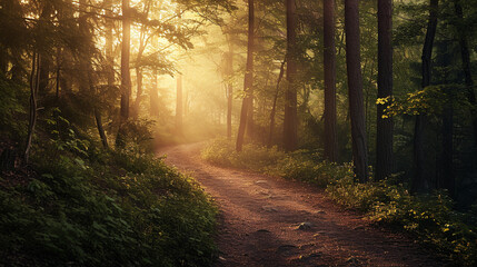 Fototapeta premium A picturesque image of a winding trail at the forest edge, leading into the heart of the woodland, with soft sunlight filtering through the branches, creating a visually inviting a