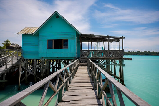 A turquoise stilt house over clear waters, connected by a weathered walkway, under a partly cloudy sky, serene ambiance, ai generative