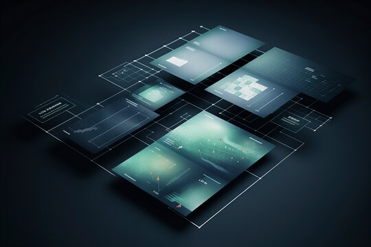 3D interface with various translucent panels showing data and graphs, floating against a dark background, ai generative