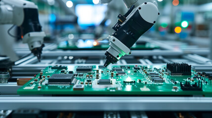 Fototapeta na wymiar An automated printed circuit board assembly line equipped with high-precision robots in an electronics factory.
