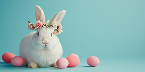 Easter bunny with a meadow flower crown, featuring a rabbit adorned with a flower headband and painted eggs on a blue background. Easter holiday concept with a hare and flower banner with copy space.