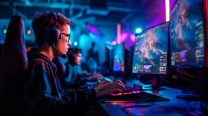 Professional Gamer Engaged in Esports Competition at Gaming Arena, Intense Cyber Battle on Computer...