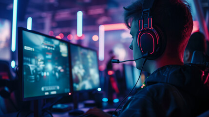 Professional Gamer Engaged in Esports Competition at Gaming Arena, Intense Cyber Battle on Computer Screens with Dynamic Lighting and Audience