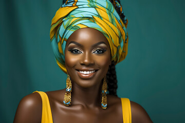 Naklejka premium a smiling black woman with a colorful headwrap and gold earrings, wearing a yellow top, against a teal background, ai generative