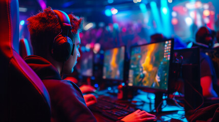 Professional Gamer Engaged in Esports Competition at Gaming Arena, Intense Cyber Battle on Computer...
