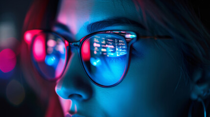 Data reflecting on eyeglasses on woman's face. Computrer programmer big data and ux designer concept