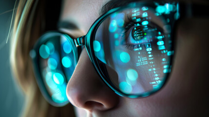Data reflecting on eyeglasses on woman's face. Computrer programmer big data and ux designer concept