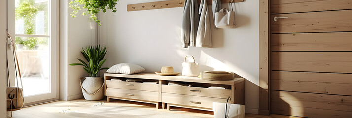 A Photo of Scandinavian Style Entryway with Functional Storage Bench. created with technology