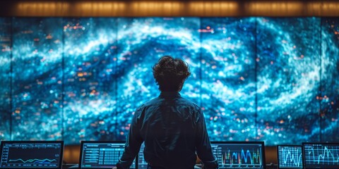 Digital Horizon: Man Engages with Stock Data on Transparent Screen, Immersed in Virtual and Augmented Reality by the Ocean, Generative AI