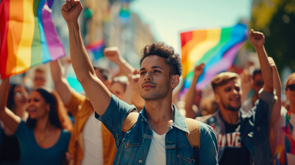 LGBT man marching in protest with a group of protestors with their fist raised in the air - obrazy, fototapety, plakaty