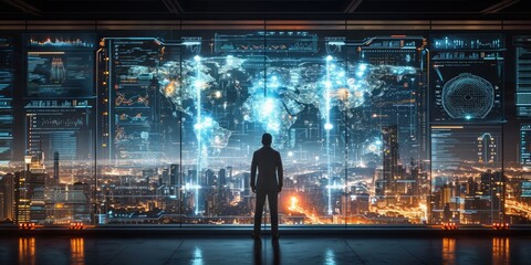 Digital Horizon: Man Engages with Stock Data on Transparent Screen, Immersed in Virtual and Augmented Reality by the Ocean, Generative AI