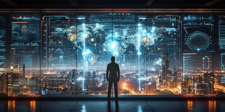 Digital Horizon: Man Engages with Stock Data on Transparent Screen, Immersed in Virtual and Augmented Reality by the Ocean, Generative AI