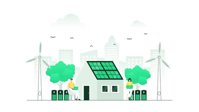 House with independent power source supply. Green and renewable energy from solar panels and wind turbines. Motion Graphic Animation Video with minimalist color.