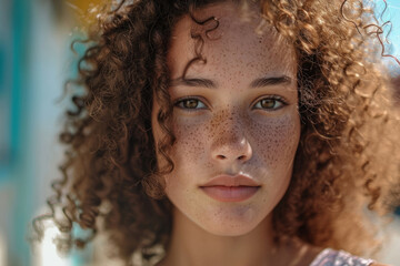 Young curly girl on the street with freckles at sunny day