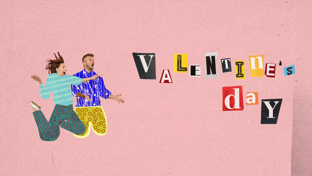 Excited couple jumping with cut-out letters VALENTINE'S DAY on pink background. Contemporary art collage. Valentine's Day, holiday, love, February 14th concept.