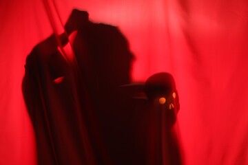 Silhouette of creepy ghost with skull behind red cloth, space for text