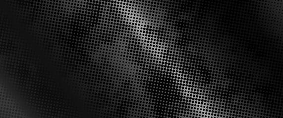 Halftone metal vector art background for cover design, poster, cover, banner, flyer and cards. Abstract gray and black background with  dots. Futuristic grunge retro illustration. Metal grid. - obrazy, fototapety, plakaty