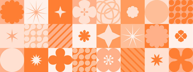 Simple geometric vector pattern with star shapes, flower shapes and abstract bauhaus forms in peach fuzz color of the year 2024. Abstract orange background