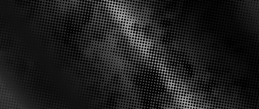 Halftone metal vector art background for cover design, poster, cover, banner, flyer and cards. Abstract gray and black background with  dots. Futuristic grunge retro illustration. Metal grid.