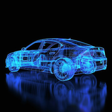 3d rendered xray blue transparent car wire frame. car isolated on black background, blue wire frame car.